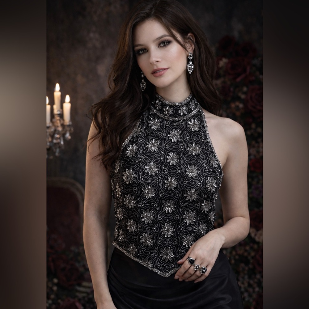 Papell Beaded Evening Top Y2K Glam Art Deco Dark Fairy Vamp Embellished Sz L